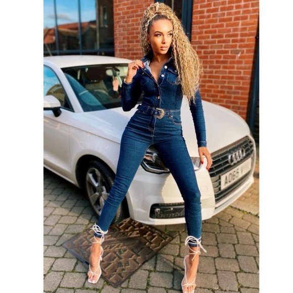 Blue Denim Jeans Long Sleeve Belted Bodycon Jumpsuit Playsuit - Picture 7 of 13